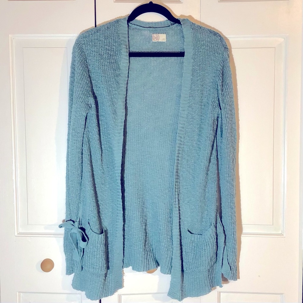 Blue Knit Cardigan with Bow Tie Details